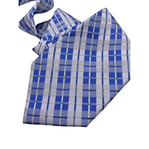 Express Silk Tie Silver Gray Bright Blue Windowpane Plaid Check Grid Pattern